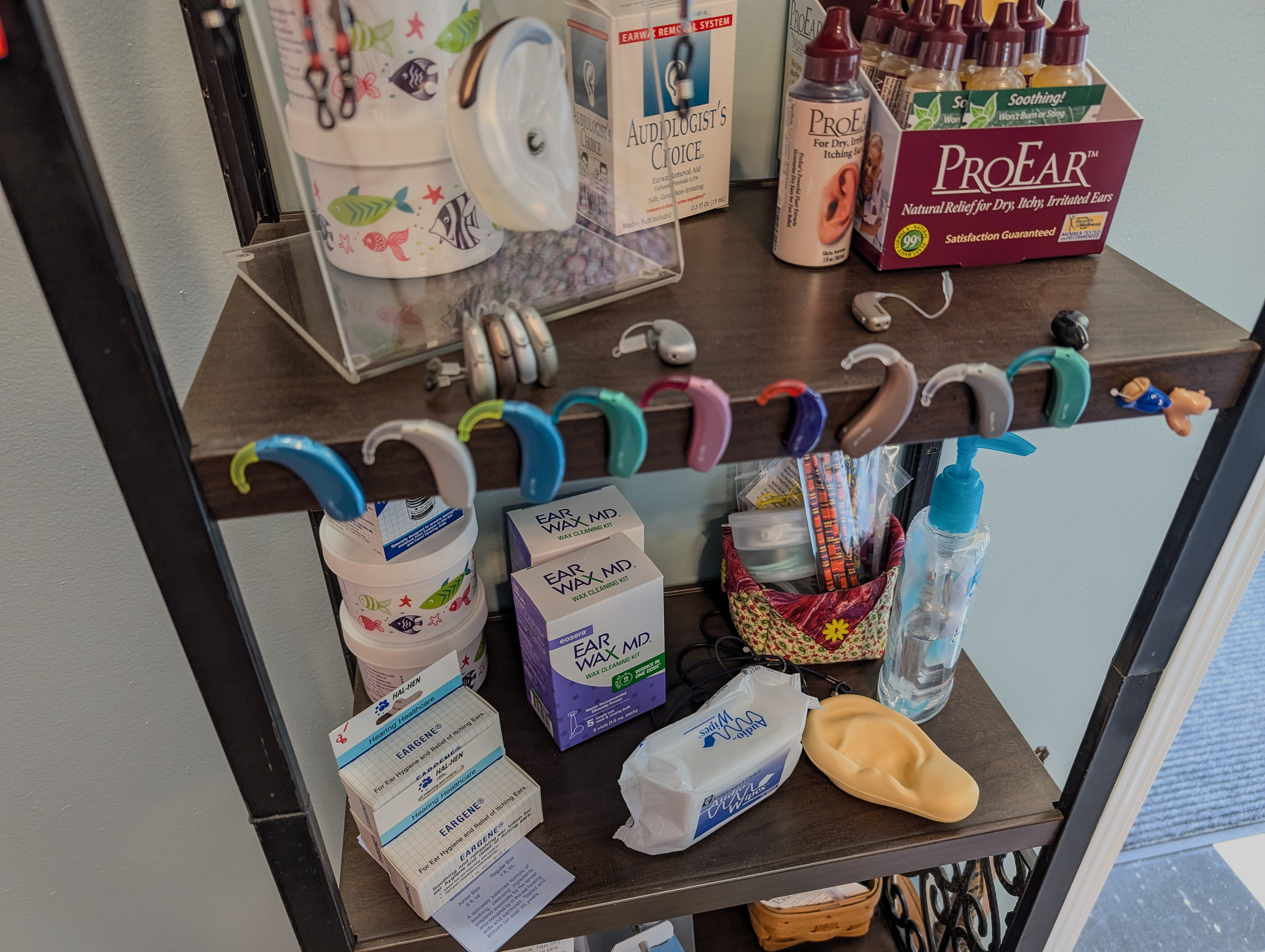 Selection of colorful custom hearing aid styles and device options at Hearing Aid Center Ocean Park Washington