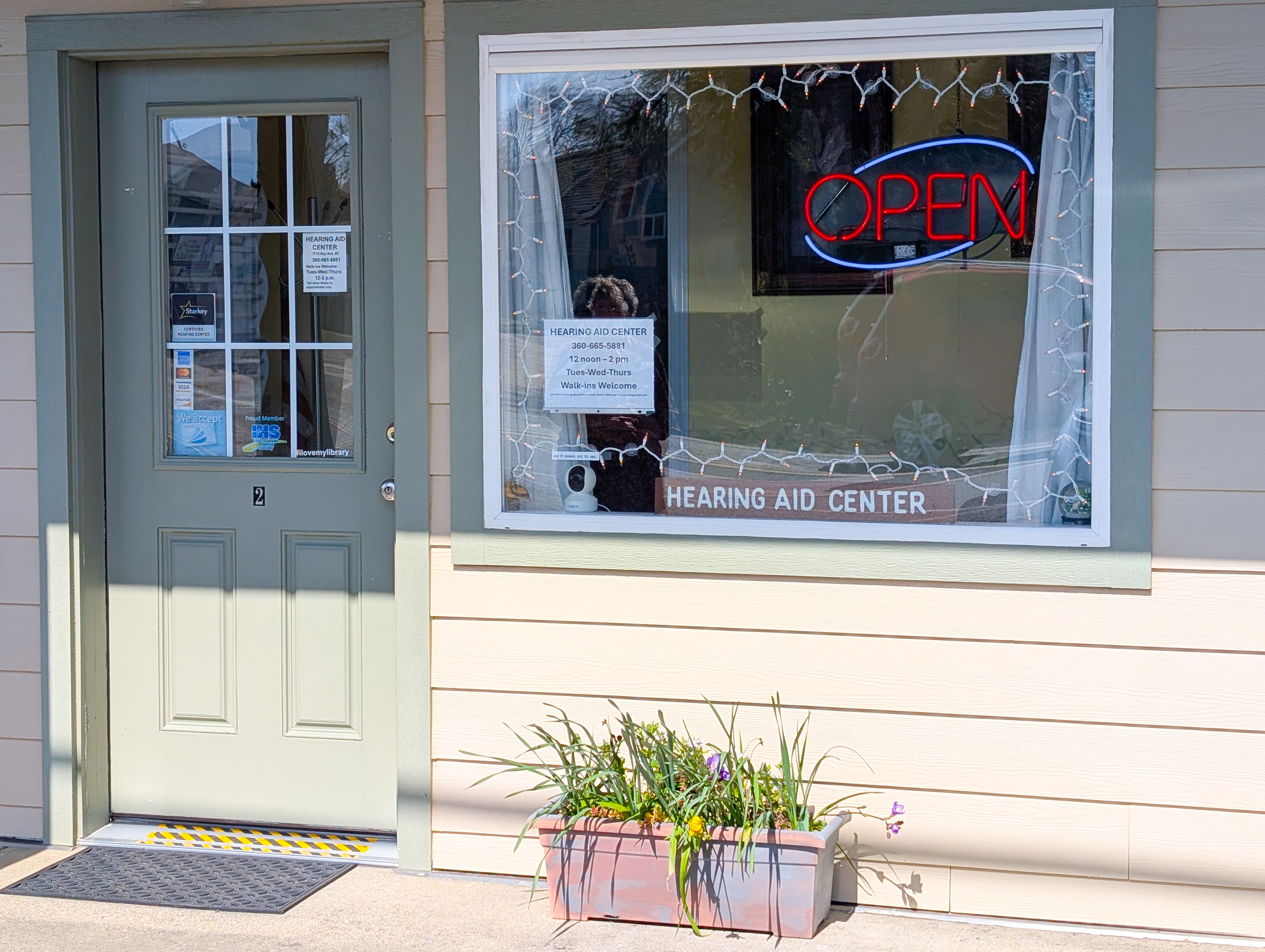 Hearing Aid Center storefront with open sign lit at 1715 Bay Ave Ocean Park Washington